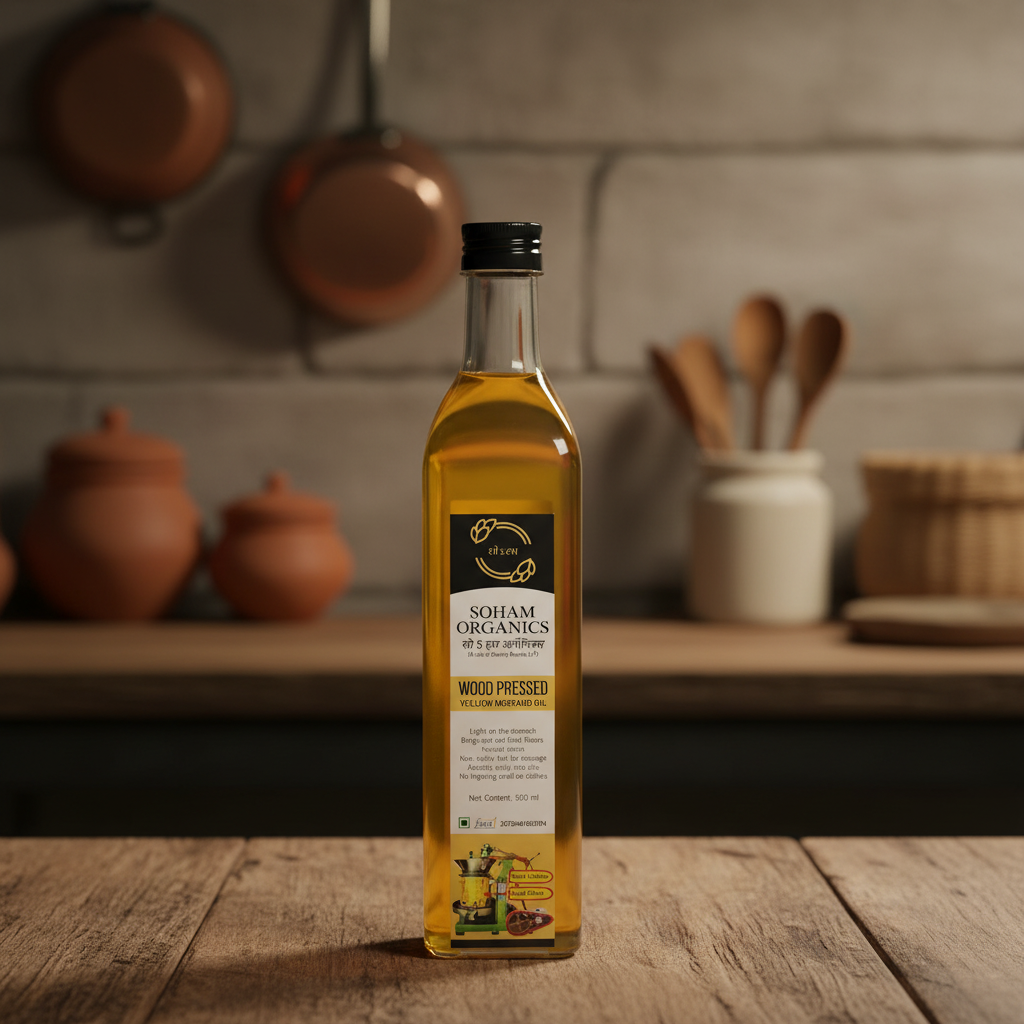 100 % Wood Pressed Yellow Mustard Oil  Glass Bottle(500ml)