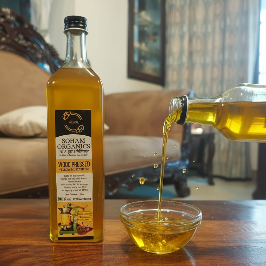 100 % Wood Pressed Yellow Mustard Oil  Glass Bottle(1000ml)